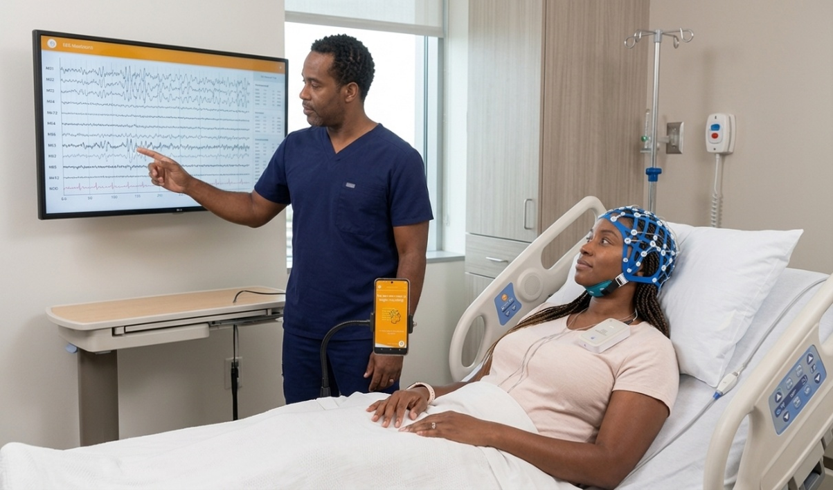 Patient resting in a hospital bed during an EEG recording